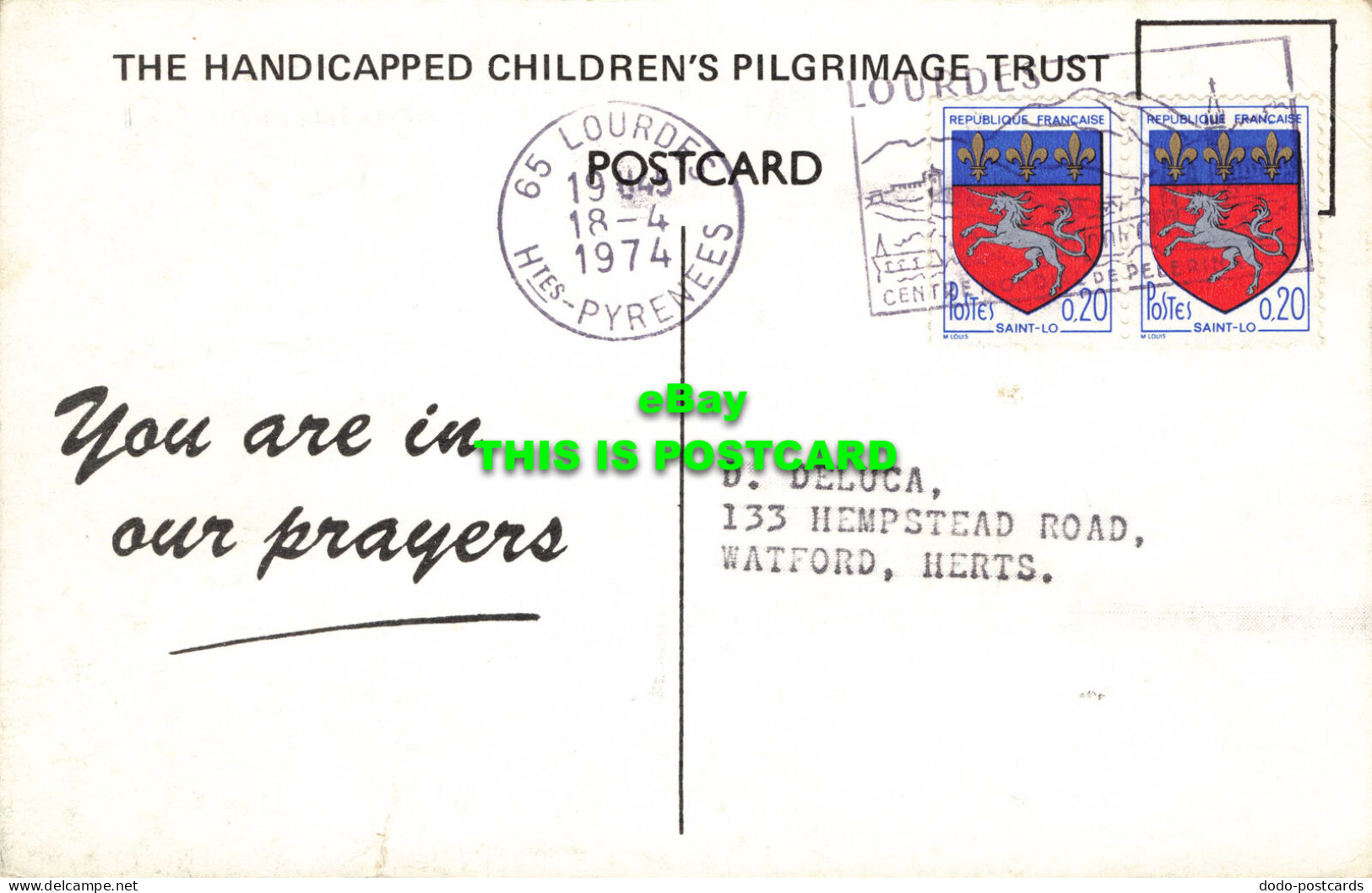 R575395 Handicapped Childrens Pilgrimage Trust. You Are In Our Prayers. 1974 - World