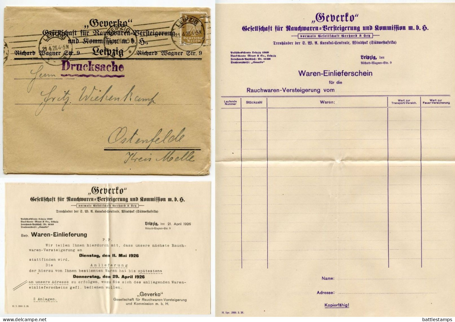 Germany 1926 Cover W/ Forms; Leipzig - Geverko To Ostenfelde; 3pf. German Eagle - Covers & Documents