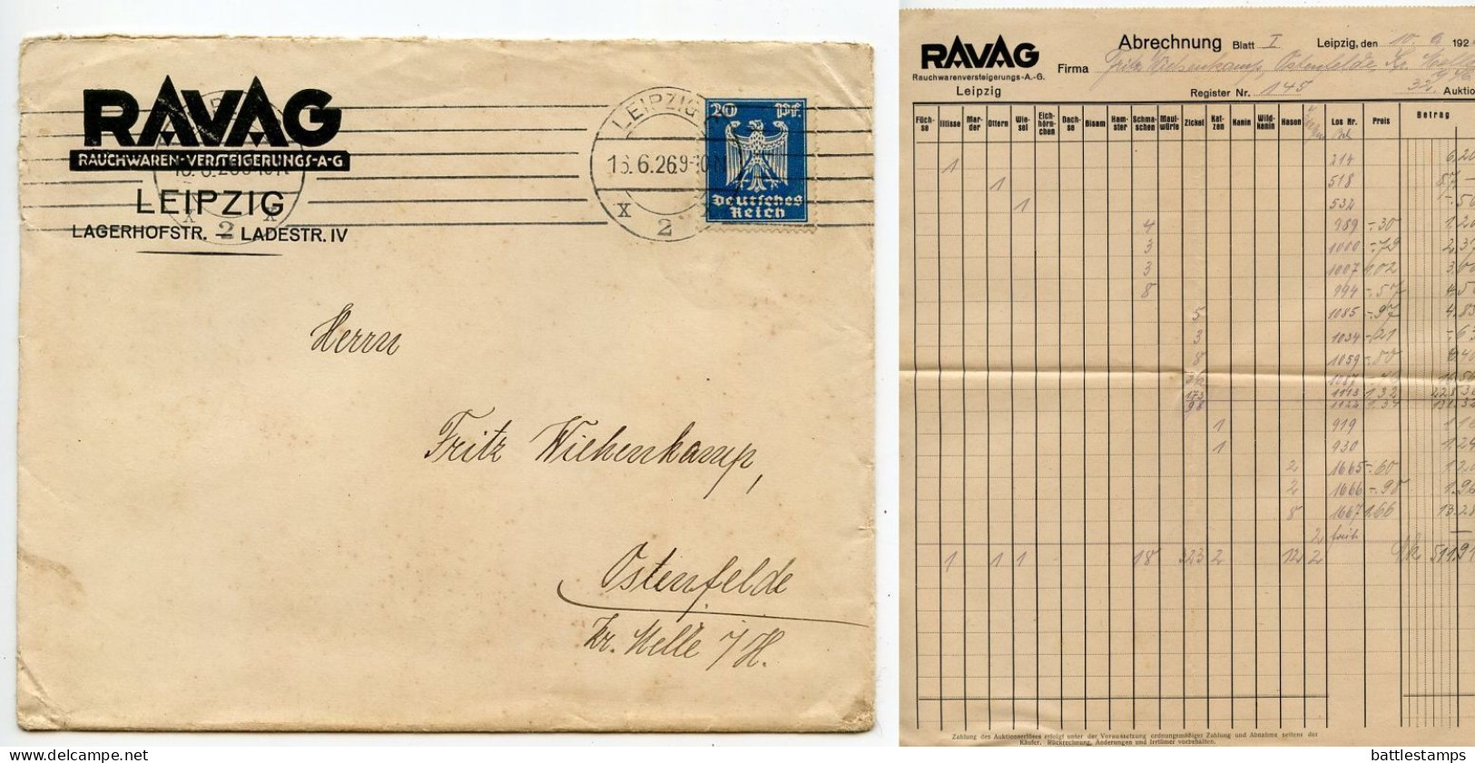 Germany 1926 Cover W/ Invoices; Leipzig - RAVAG, Rauchwaren-Versteigerungs A.G. To Ostenfelde; 20pf. German Eagle - Covers & Documents