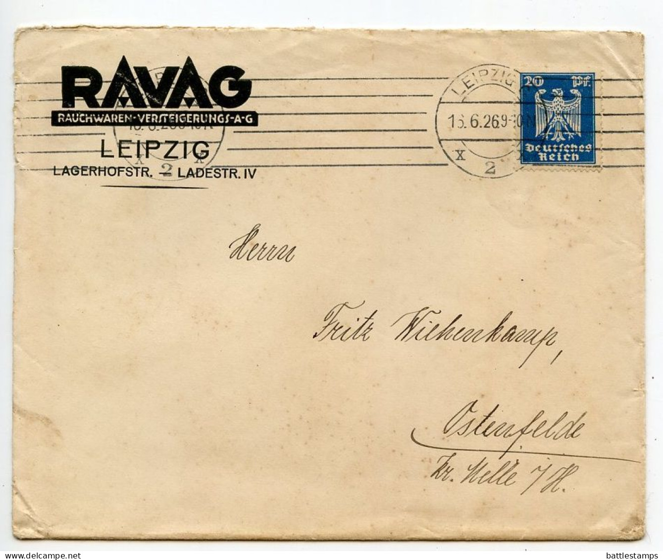 Germany 1926 Cover W/ Invoices; Leipzig - RAVAG, Rauchwaren-Versteigerungs A.G. To Ostenfelde; 20pf. German Eagle - Covers & Documents