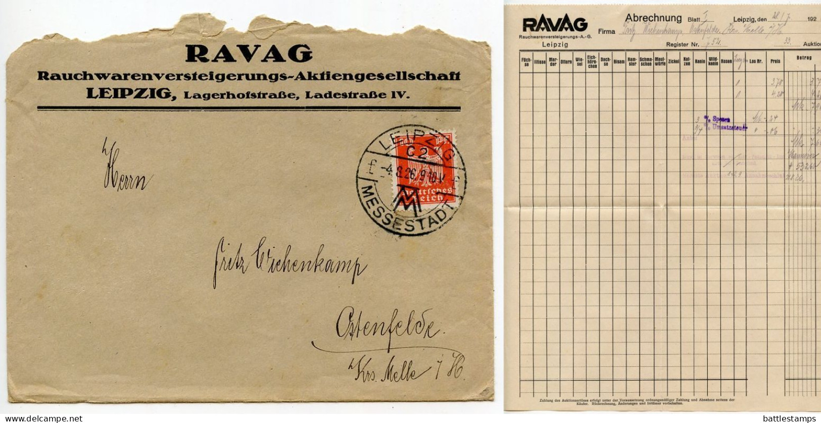 Germany 1926 Cover W/ Invoice; Leipzig - RAVAG, Rauchwarenversteigerungs A.G. To Ostenfelde; 10pf. German Eagle - Covers & Documents