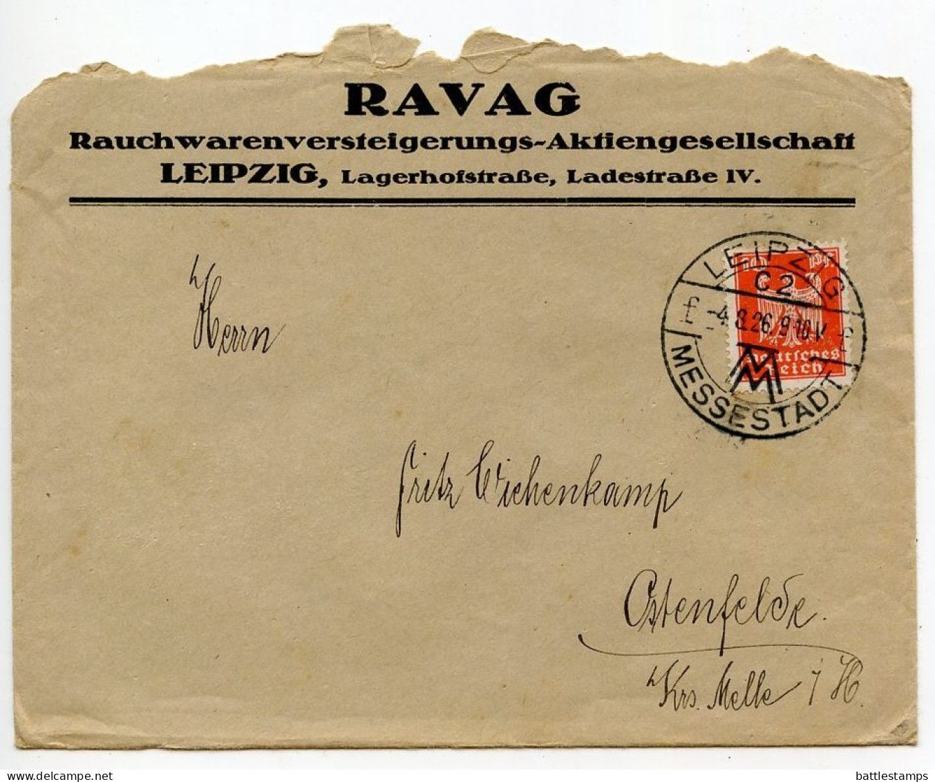 Germany 1926 Cover W/ Invoice; Leipzig - RAVAG, Rauchwarenversteigerungs A.G. To Ostenfelde; 10pf. German Eagle - Covers & Documents