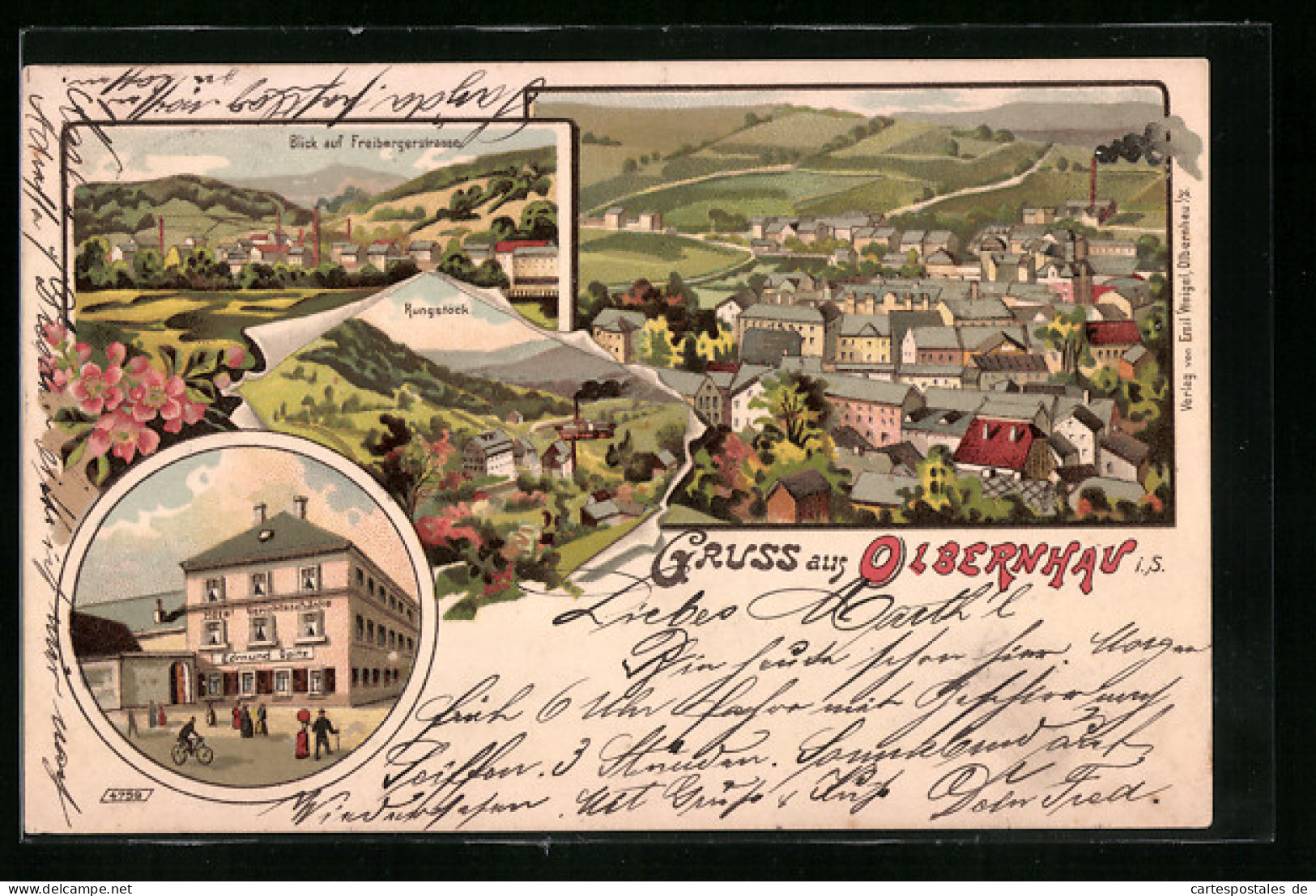 Lithographie Olbernhau I. S., Ortsansicht Mit Hotel Gerichtsschänke  - Olbernhau