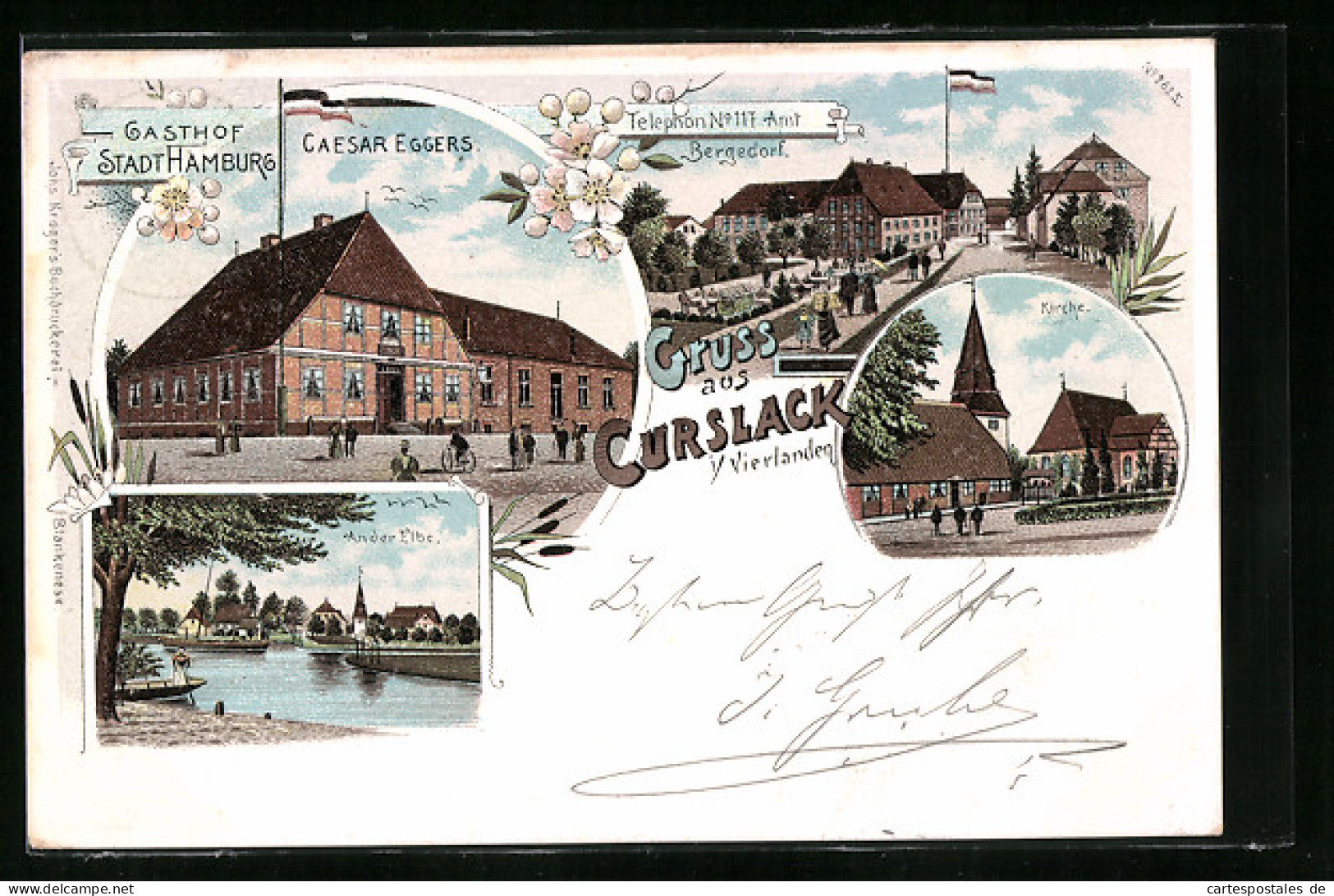 Lithographie Curslack I. Vierlanden, Gasthof Stadt Hamburg, Kirche  - Bergedorf
