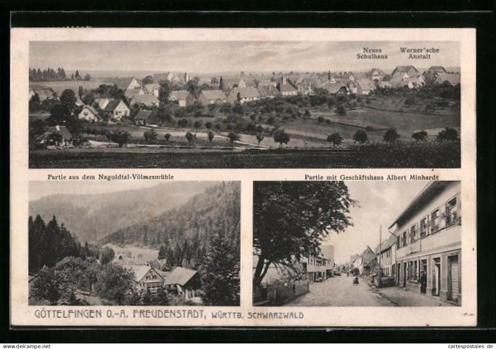 AK Göttelfingen /Kr. Freudenstadt, Panorama Mit Schule Und Wernerscher Anstalt, Strassenpartie Mit Geschäftshaus Min  - Freudenstadt