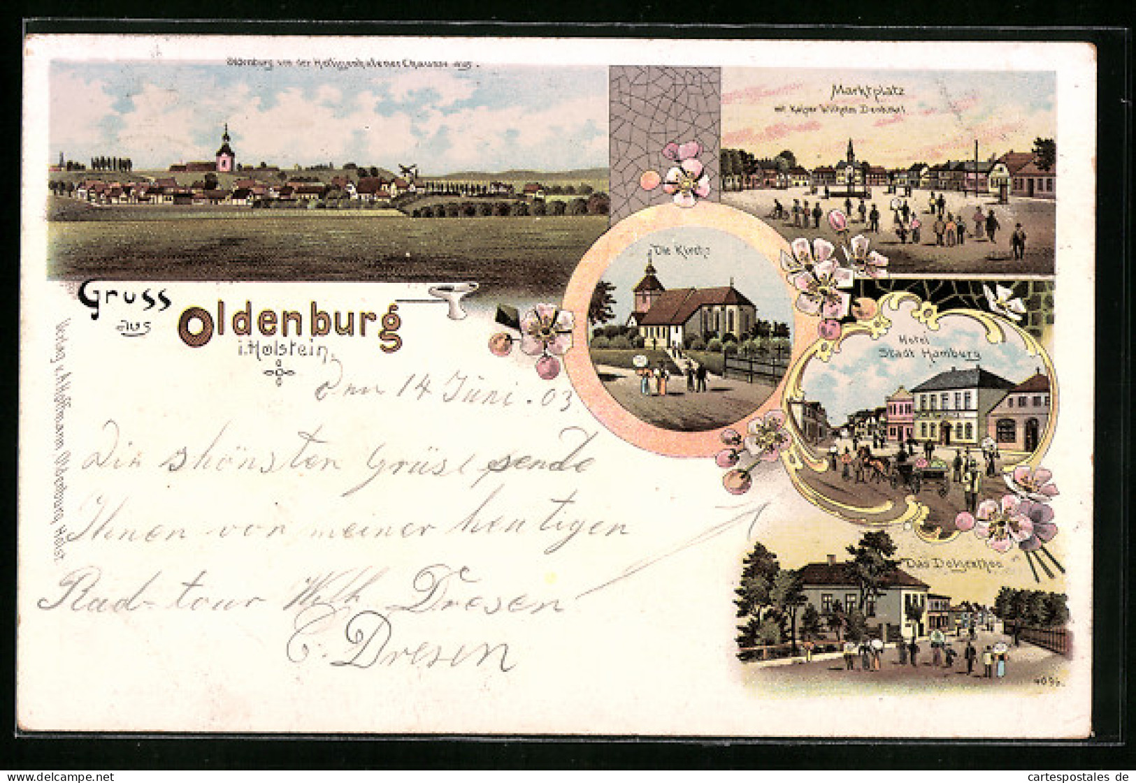 Lithographie Oldenburg I. H., Panorama, Markt, Hotel Stadt Hamburg, Kirche  - Oldenburg (Holstein)