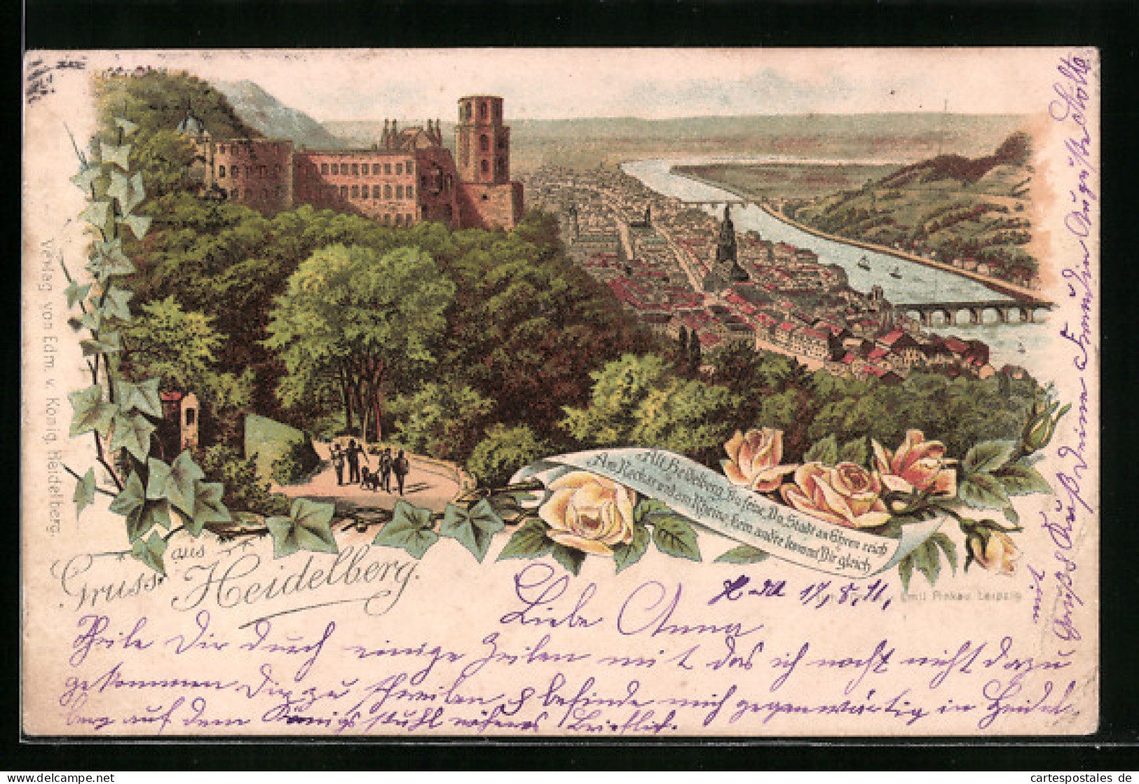 Vorläufer-Lithographie Heidelberg, Gesamtansicht Mit Burg, 1891  - Heidelberg