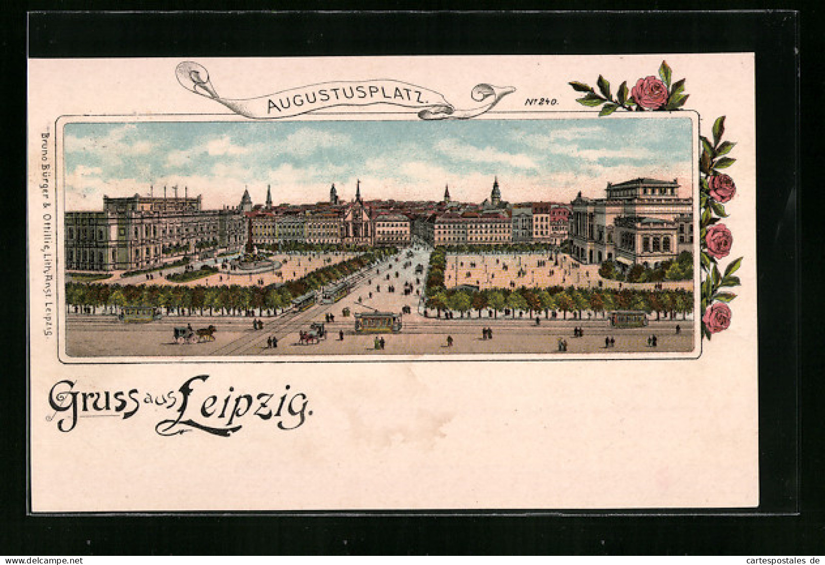 Lithographie Leipzig, Augustusplatz Mit Strassenbahnen  - Leipzig