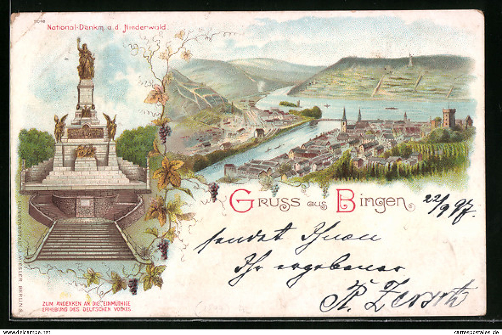 Lithographie Bingen, National-Denkmal A. D. Niederwald  - Bingen