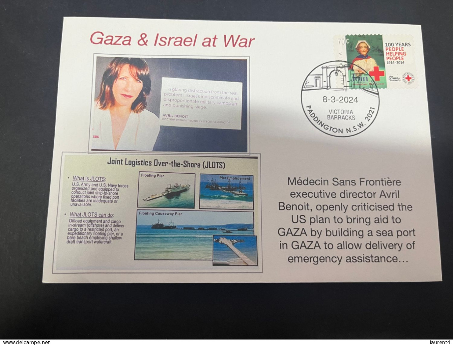 2-5-2024 (3 Z 32) GAZA War - (Reprint) Avril Benoit From Médecin Sans Frontière Statement (with Red Cross Stamp) - Militaria
