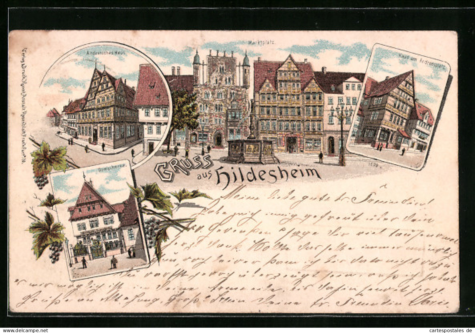 Lithographie Hildesheim, Marktplatz, Domschenke, Haus Am Andreasplatz  - Hildesheim