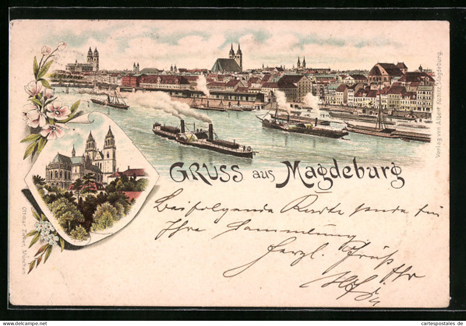 Vorläufer-Lithographie Magdeburg, Ortsansicht Mit Dampfern 1895  - Magdeburg