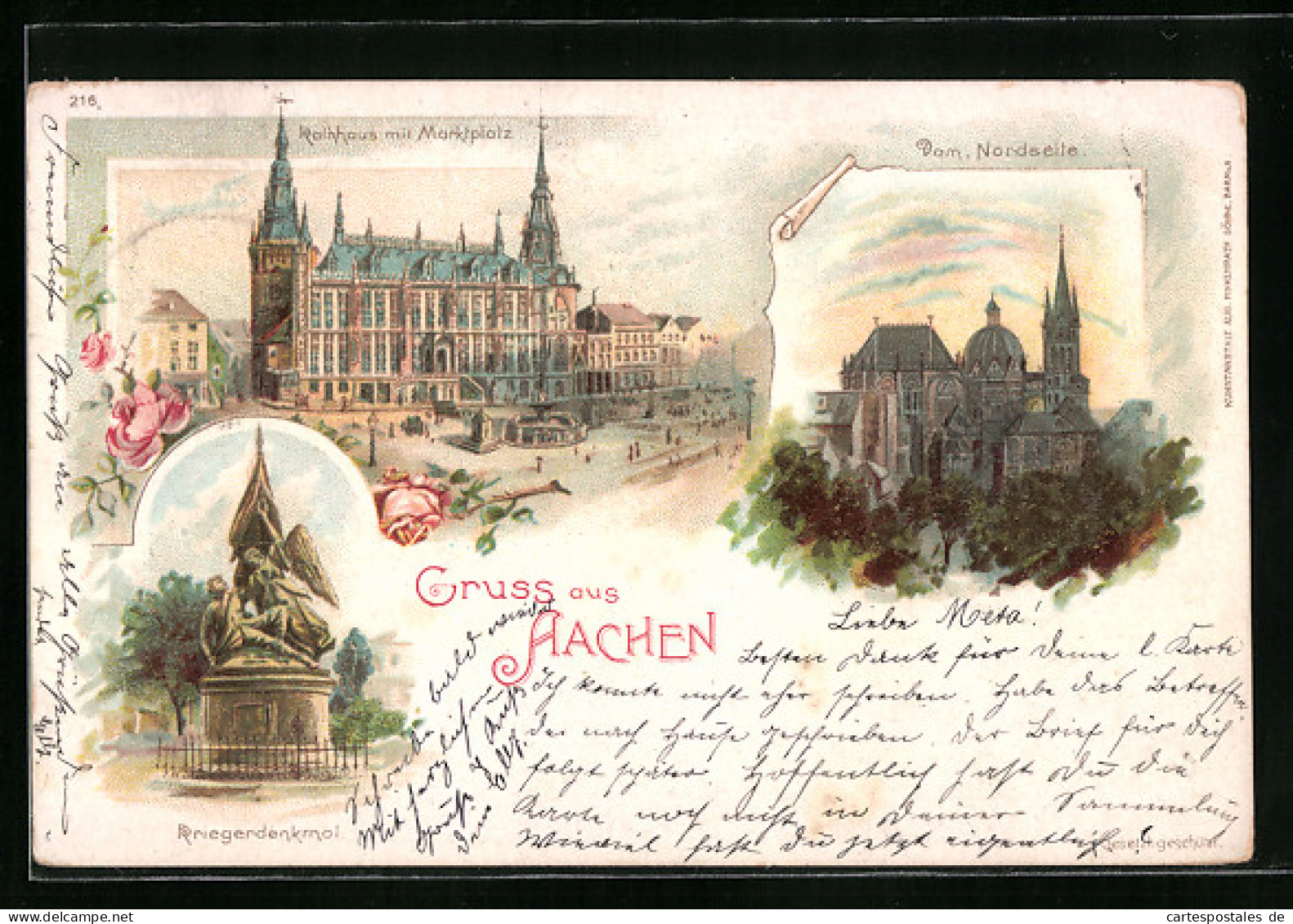 Lithographie Aachen, Rathaus Mit Marktplatz, Dom, Kriegerdenkmal  - Aachen