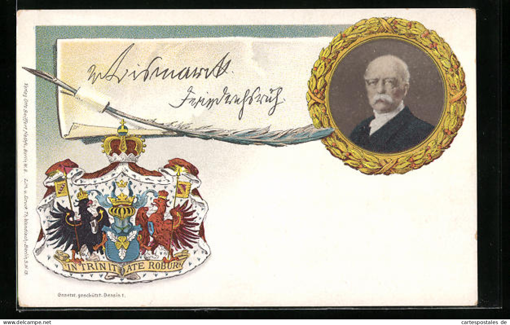 Lithographie Porträt Von Bismarck, Krone Und Wappen  - Personajes Históricos