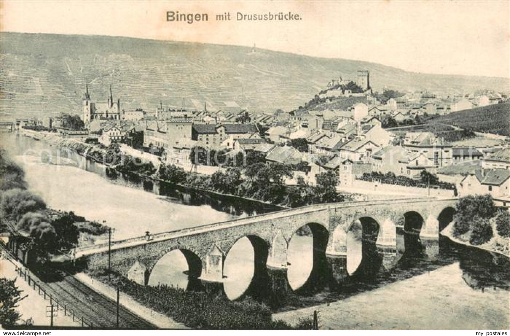 73754275 Bingen Rhein Gesamtansicht M. Drususbruecke Dampflok Bingen Rhein - Bingen