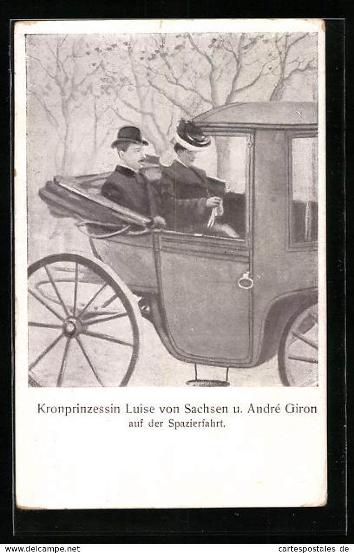 AK Kronprinzessin Luise Von Sachsen Und André Giron Auf Spazierfahrt In Einer Kutsche  - Familles Royales