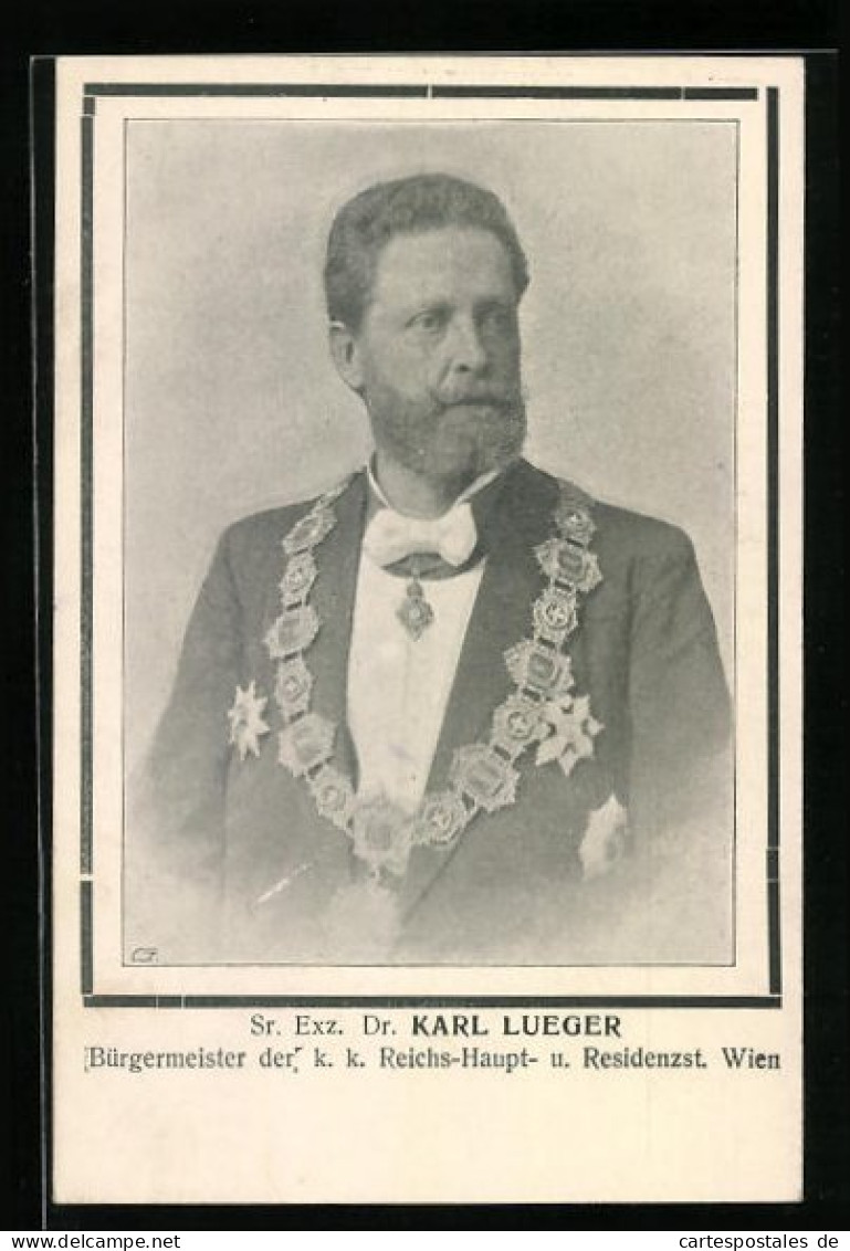 AK Wien, Bürgermeister Carl Lueger Mit Amtskette, Portrait Mit Trauerrand  - Hombres Políticos Y Militares