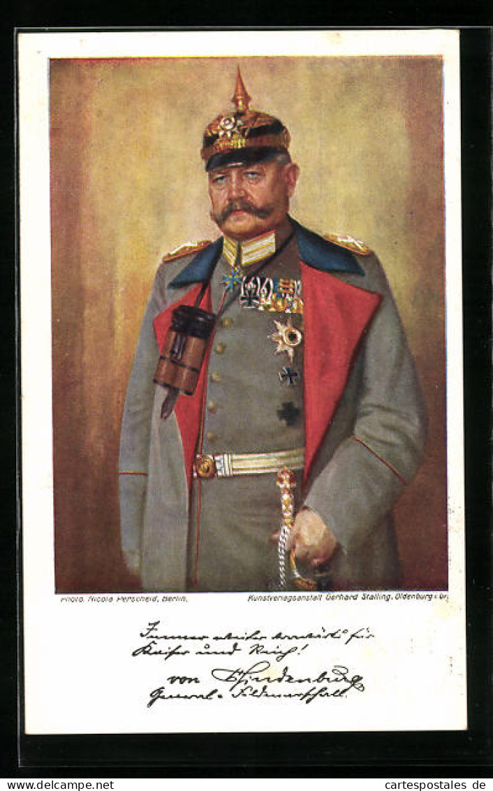 Künstler-AK Paul Von Hindenburg In Uniform Mit Eisernem Kreuz Und Verzierter Pickelhaube  - Historical Famous People