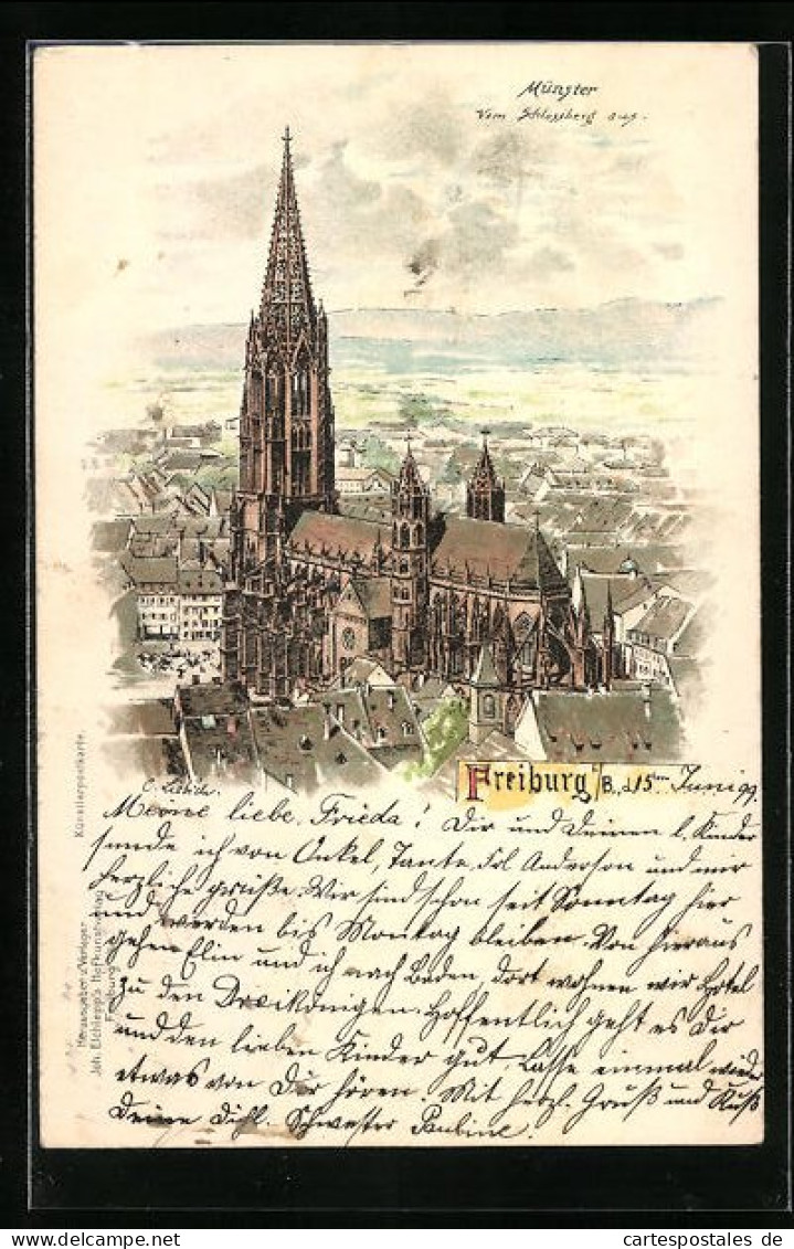 Lithographie Freiburg I. B., Das Münster Vom Schlossberg Aus  - Freiburg I. Br.