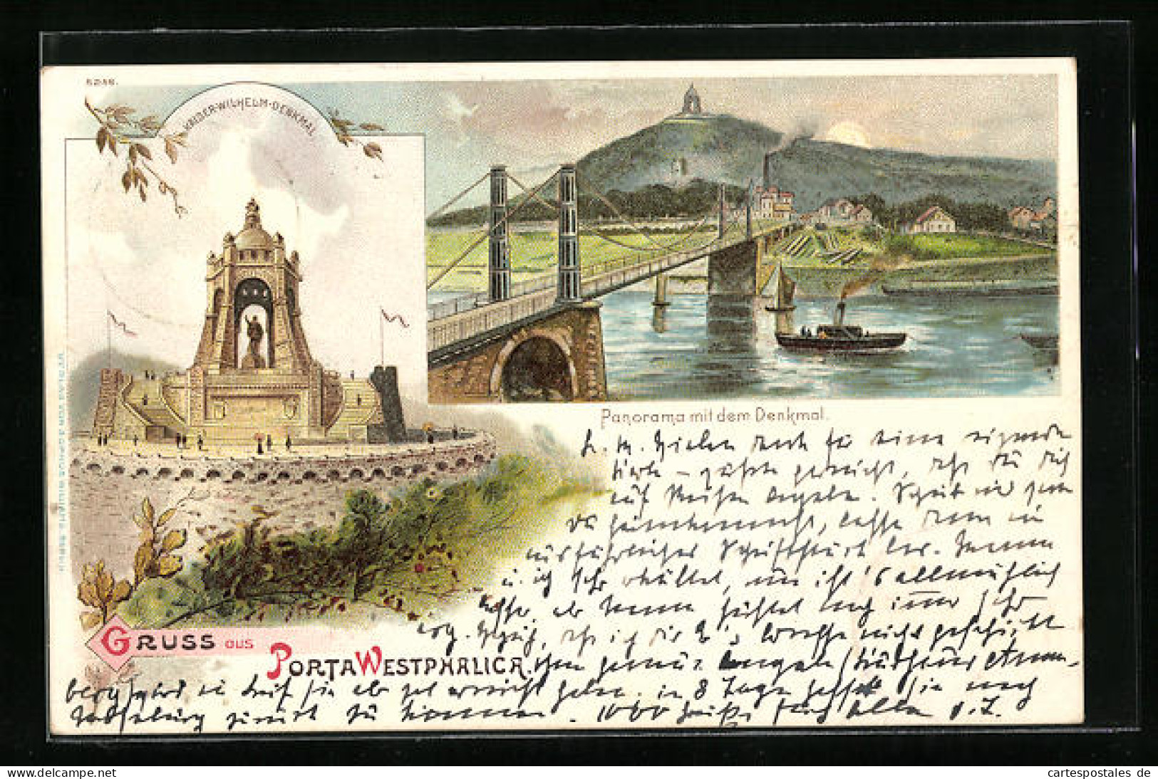 Lithographie Porta Westfalica, Denkmal, Panorama Mit Denkmal Und Brücke  - Sonstige & Ohne Zuordnung