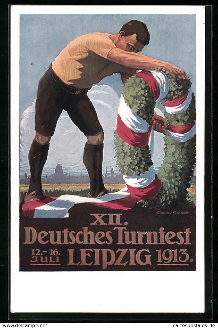 Künstler-AK Leipzig, XII. Deutsches Turnfest 12.-16. Juli 1913, Mann Mit Kranz  - Autres & Non Classés