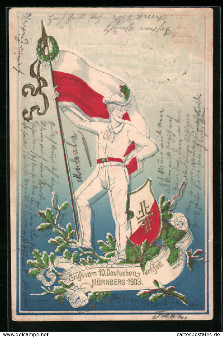 Präge-Lithographie Nürnberg, 10. Deutsches Turnfest 1903, Fahnenträger Mit Wappen Und Siegeskranz  - Autres & Non Classés