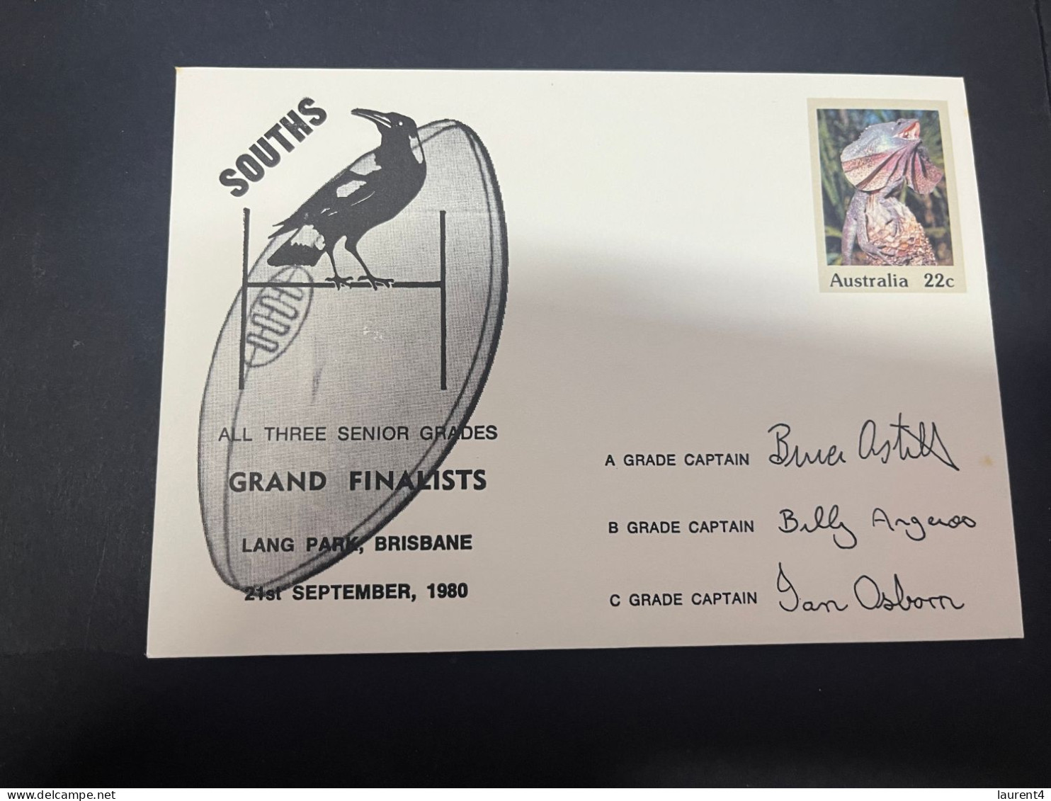 1-5-2023 (3 Z 39) Australia FDC (1 Covers) 1980 - OZ Football - South (magpies) Grand Finalists (signed - Frill Lizard) - Premiers Jours (FDC)