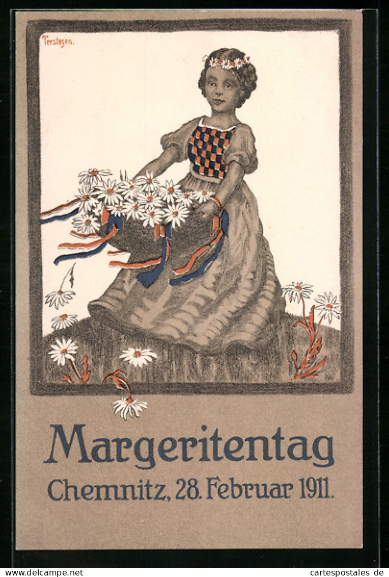 Künstler-AK Chemnitz, Mädchen In Tracht Mit Korb Voller Blumen Zum Margeritentagam 28. Februar 1911  - Andere & Zonder Classificatie