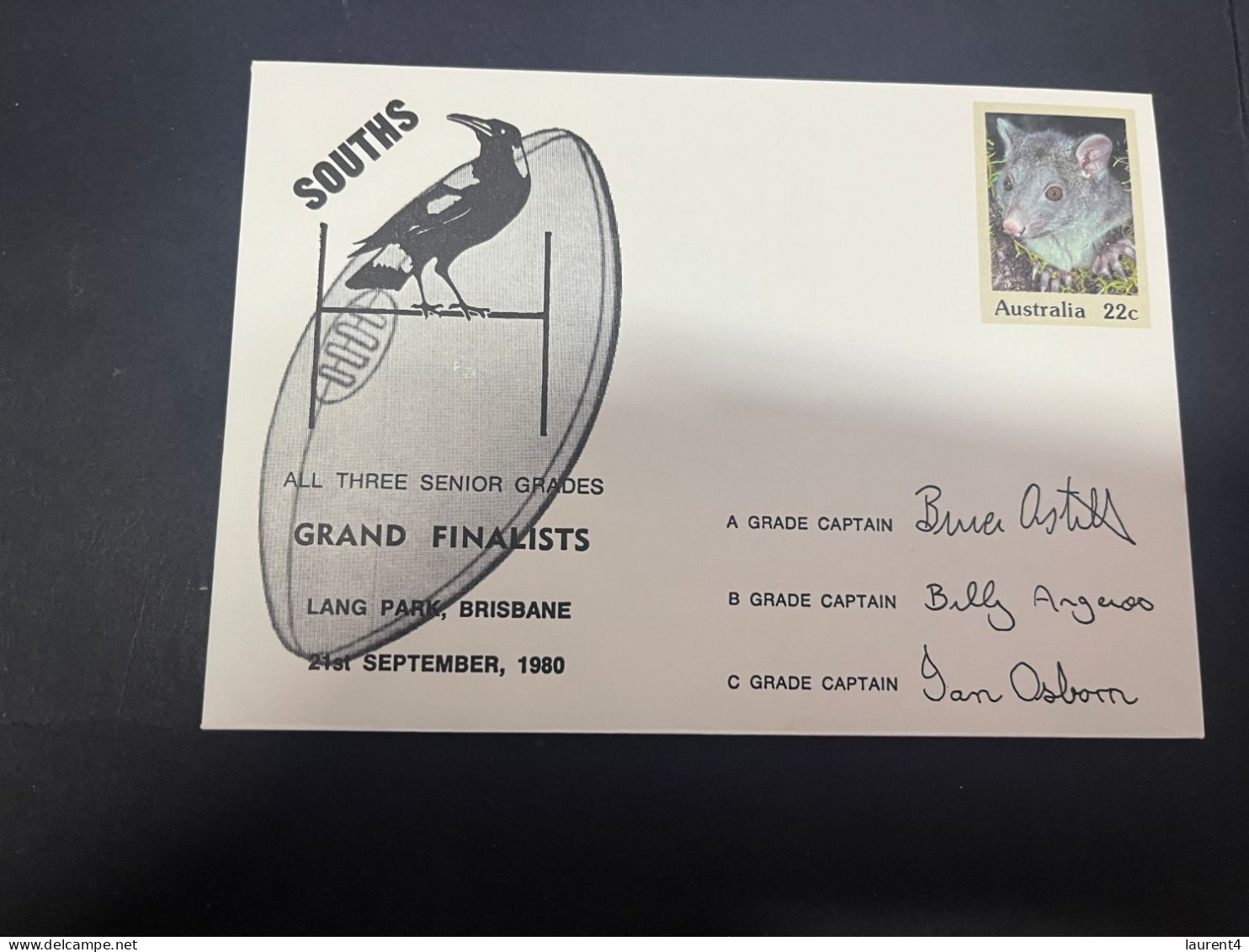 1-5-2023 (3 Z 39) Australia FDC (1 Covers) 1980 - OZ Football - South (magpies) Grand Finalists (signed - Brushtail) - Sobre Primer Día (FDC)