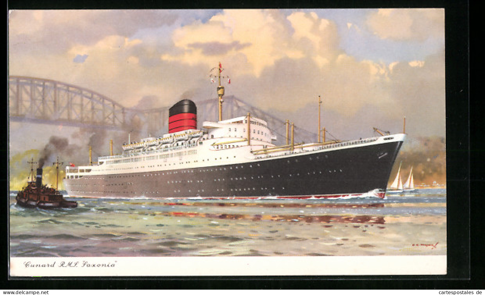 AK Passagierschiff Cunard R.M.S. Saxonia, Unter Einer Brücke Durchfahrend  - Steamers