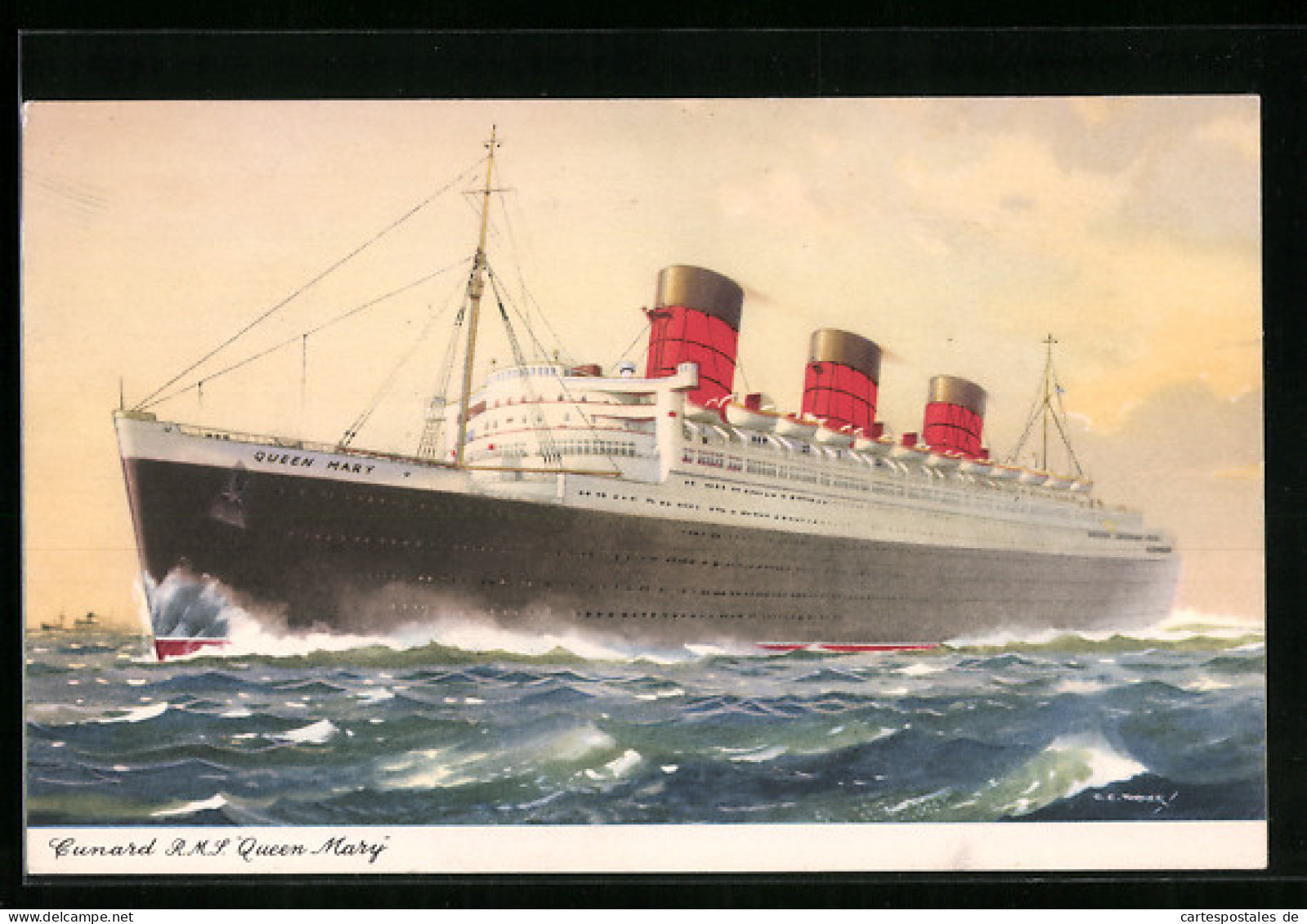 Künstler-AK Passagierschiff Cunard R.M.S. Queen Mary, Der Dampfer Nimmt Fahrt Auf  - Steamers