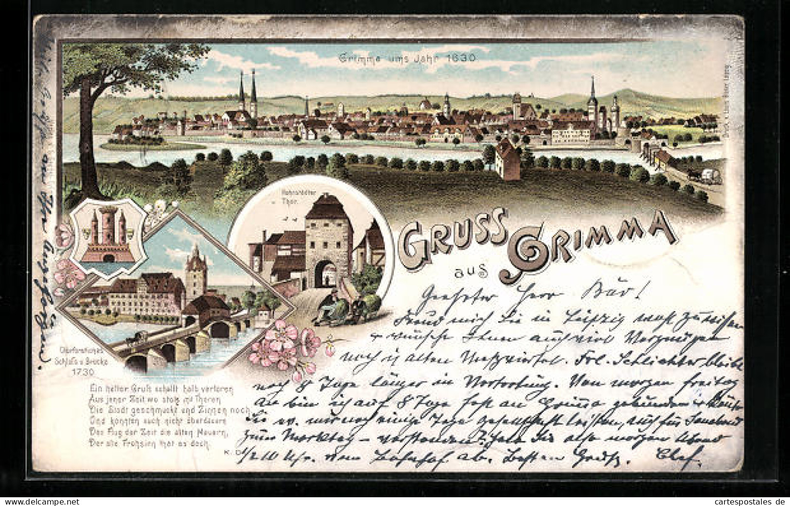 Lithographie Grimma, Teilansicht Um 1630, Hohnstädter Tor, Churfürstliches Shcloss Und Brücke 1730  - Grimma