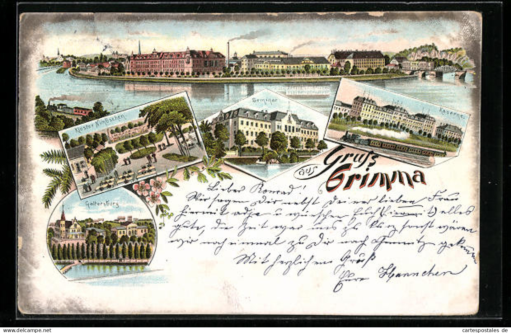 Lithographie Grimma, Kloster Nimbschen, Kaserne, Galtersburg  - Grimma