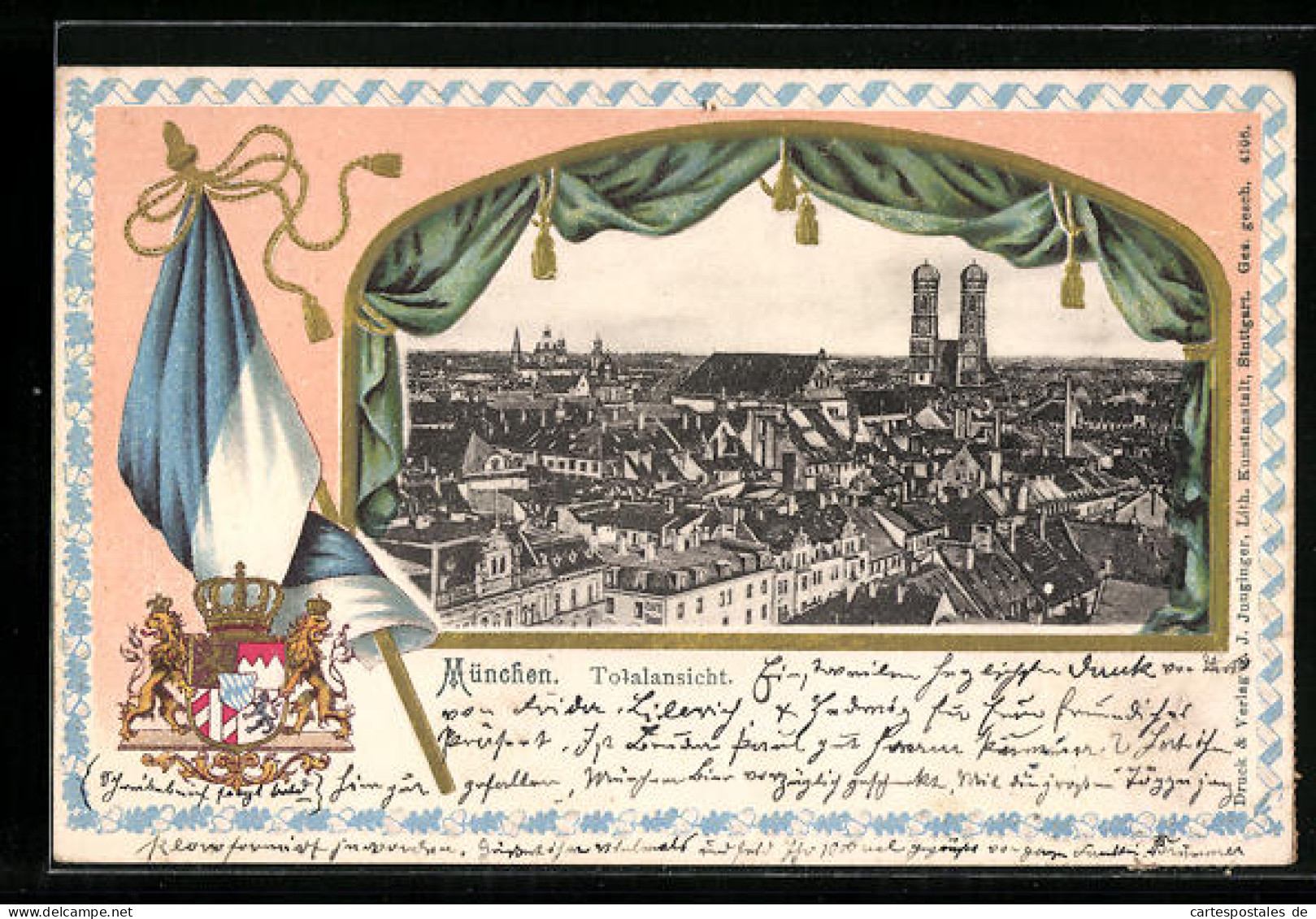 Passepartout-Lithographie München, Totalansicht, Wappen  - Andere & Zonder Classificatie