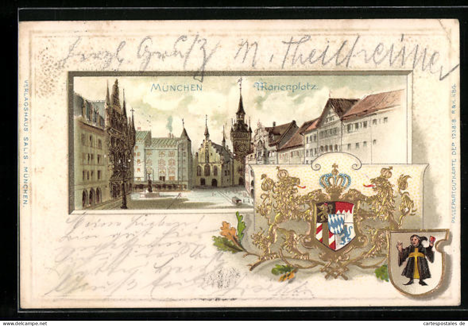 Passepartout-Lithographie München, Marienplatz, Wappen  - Andere & Zonder Classificatie