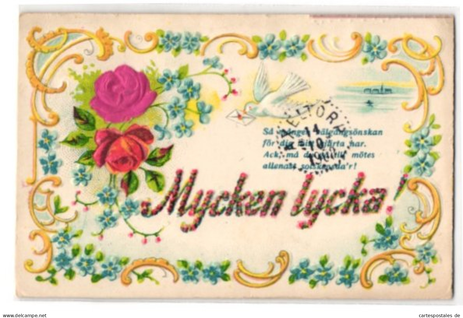 Stoff-Präge-AK Mycken Lycka!, Rose Aus Echtem Stoff Und Weisse Taube  - Other & Unclassified