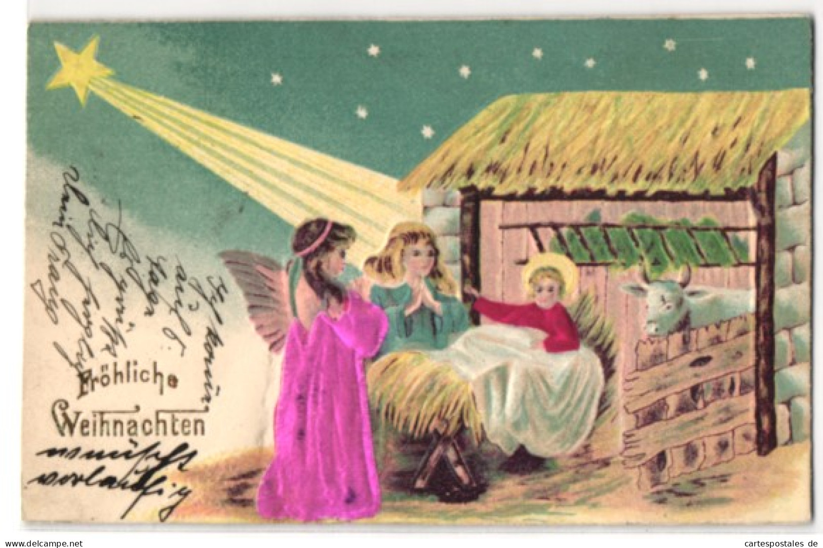 Stoff-Präge-AK Weihnachtsengel Vor Der Krippe Des Christkindes  - Andere & Zonder Classificatie