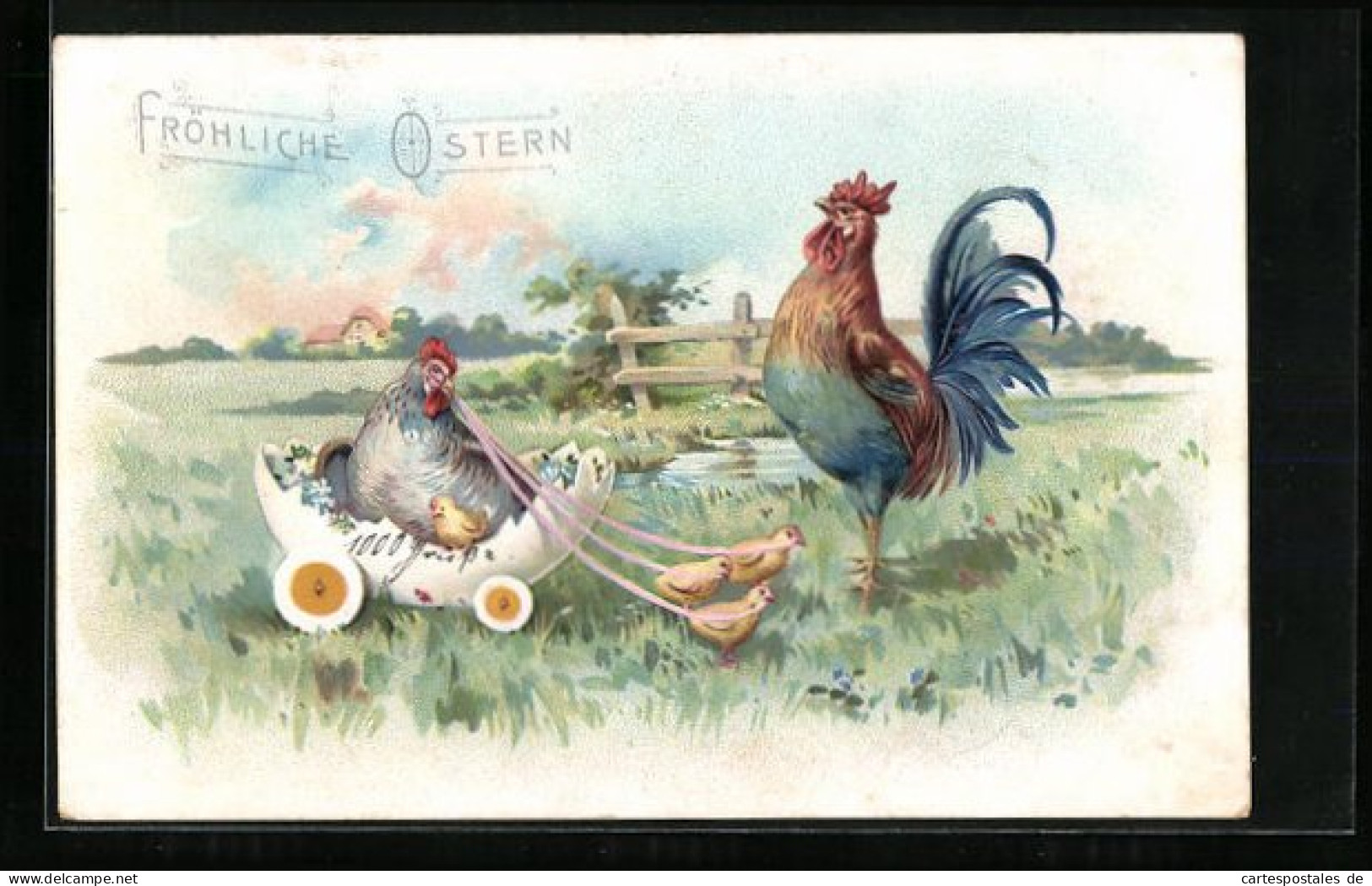 Lithographie Küken Ziehen Eier-Wagen Mit Mutter Henne, Fröhliche Ostern  - Ostern