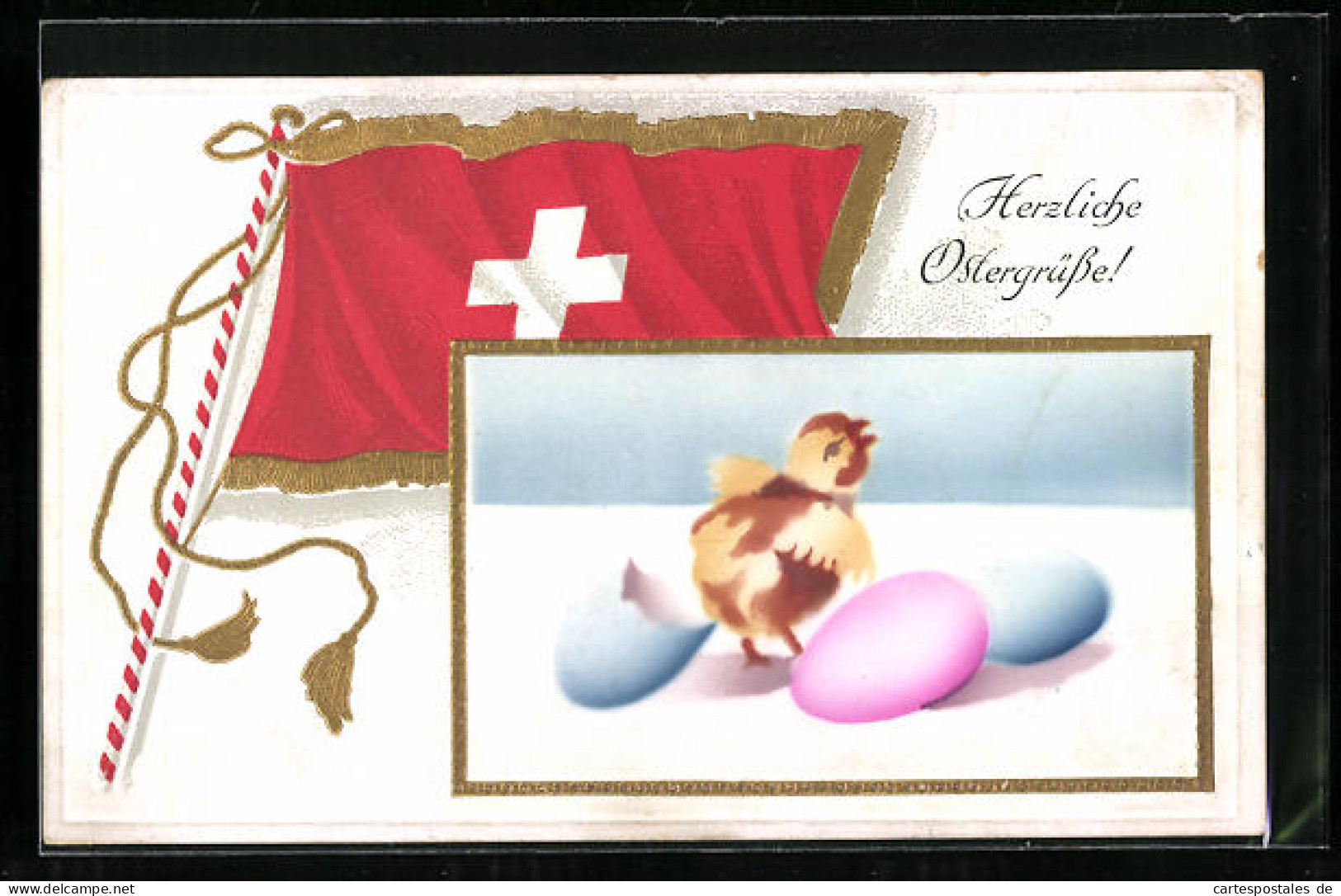 AK Osterküken Mit Ostereiern Und Schweizer Flagge  - Pâques