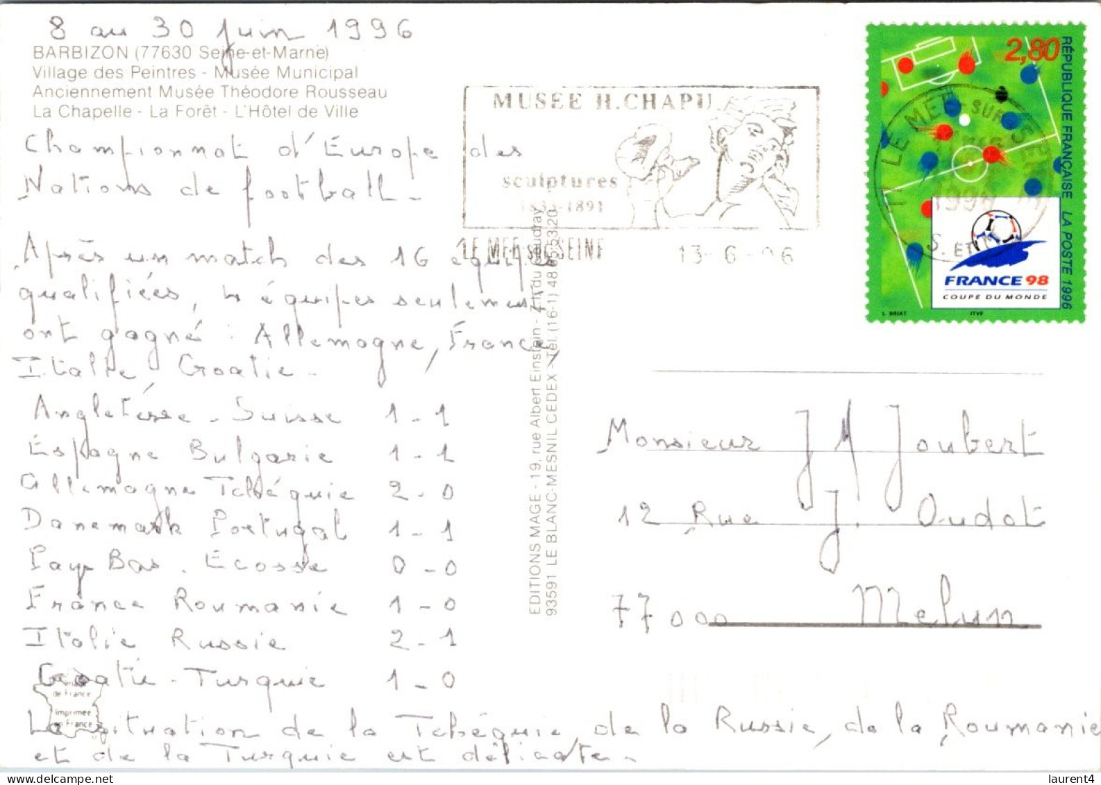 2-5-2024 (3 Z 40) France - Barbizon  (posted In 1996 With Football 98 World Cup Stamp) - Barbizon