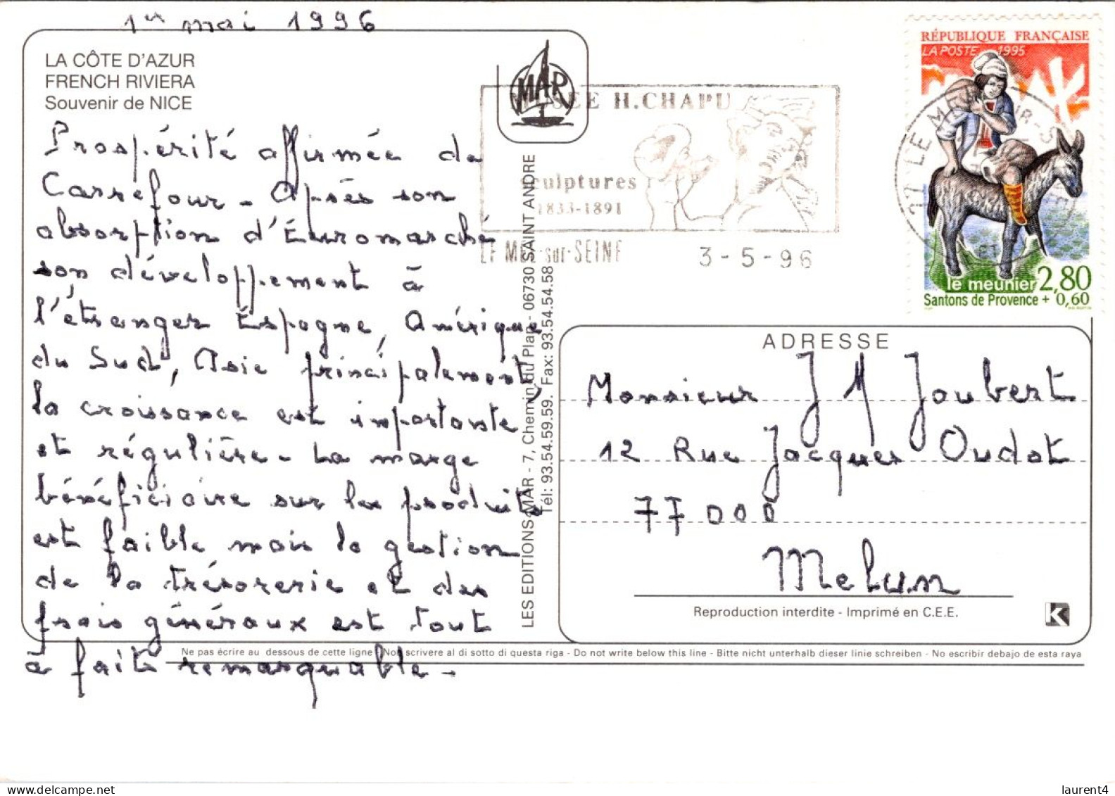 2-5-2024 (3 Z 40) France - Nice (posted In 1996 With Santons De Provence Stamp) - Parks