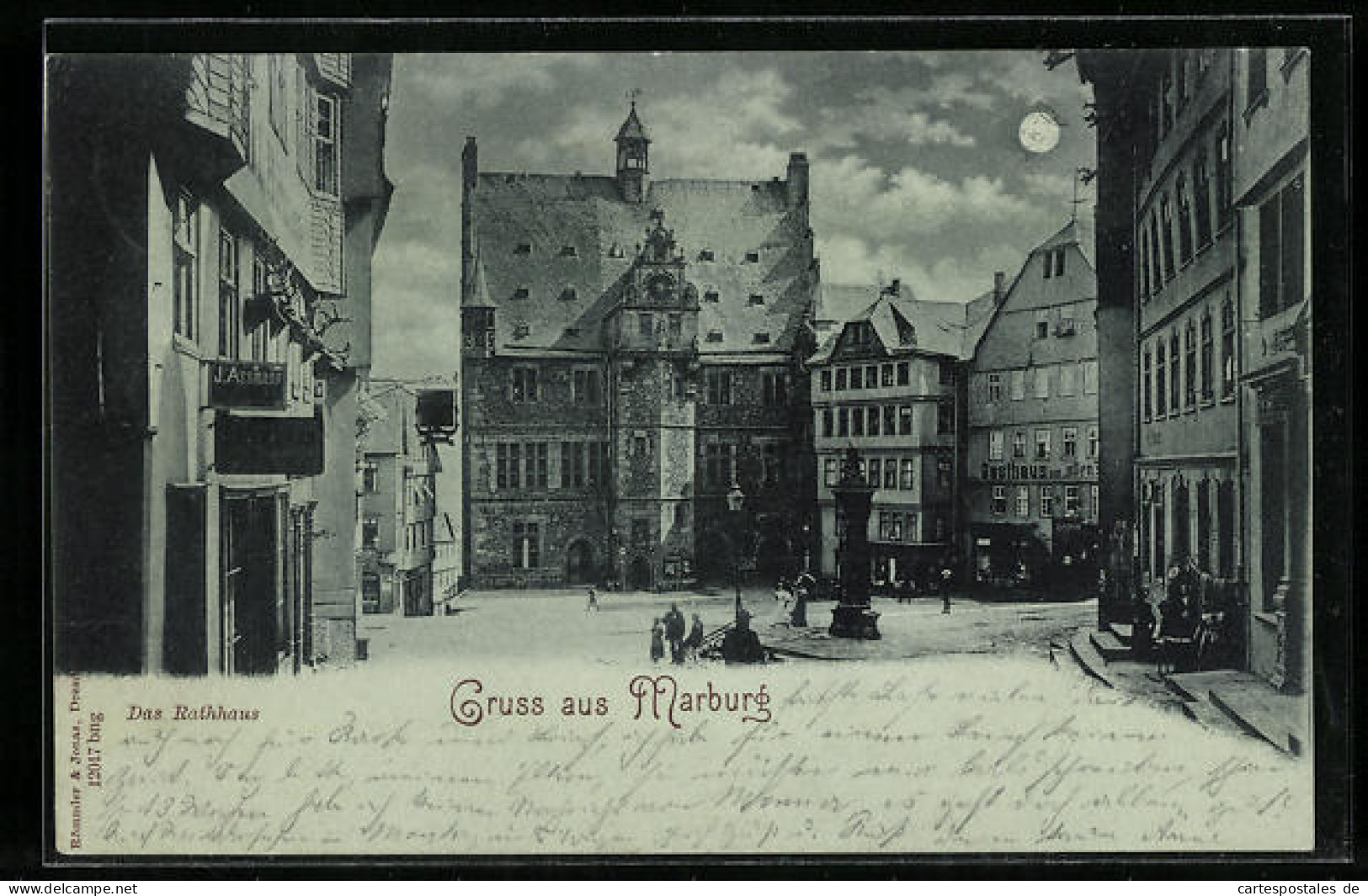 Mondschein-AK Marburg, Strassenpartie Mit Gasthaus Und Rathaus  - Marburg