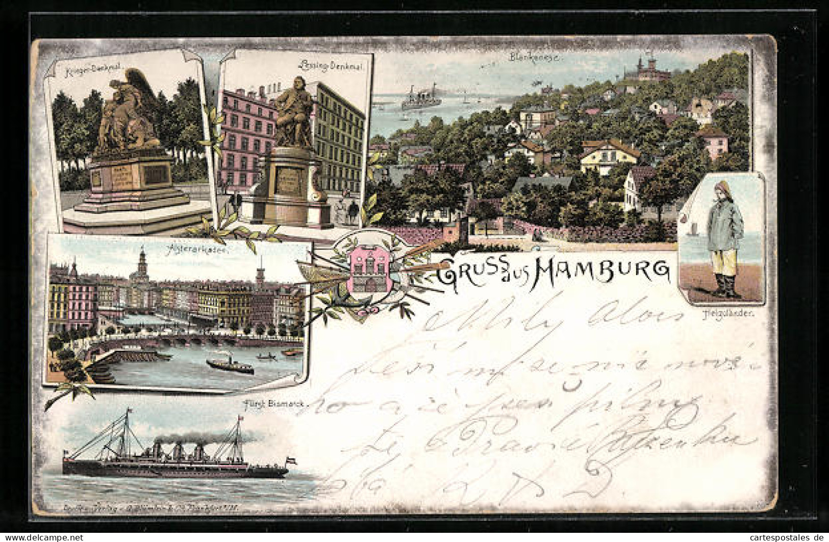 Lithographie Hamburg, Blankenese, Alsterarkaden, Schiff Fürst Bismarck  - Blankenese