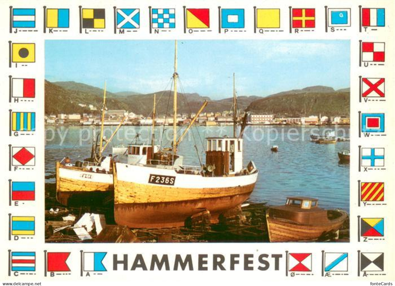 73680662 Hammerfest Hafen Fischkutter Vimpelfabrikken Nationalflaggen Hammerfest - Norwegen