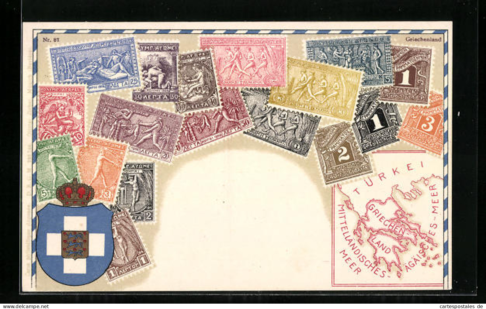 AK Briefmarken Griechenlands, Landkarte Mit Umgebung Und Wappen  - Stamps (pictures)