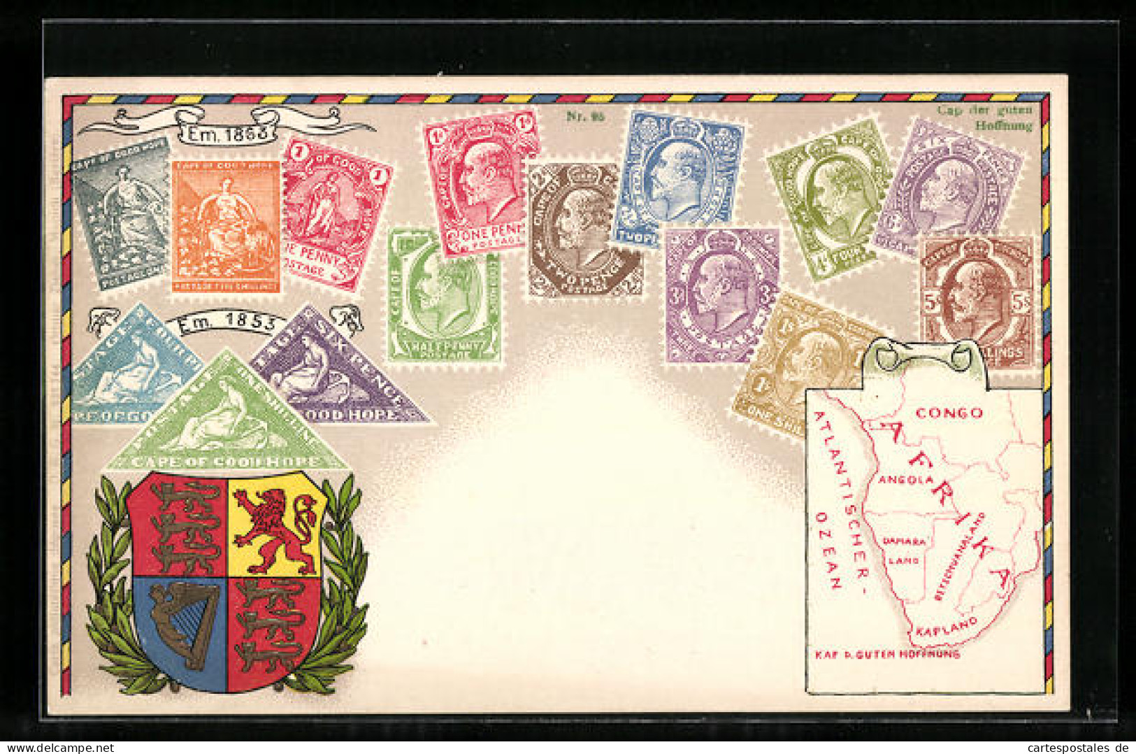 AK Briefmarken Kap Der Guten Hoffnung, Landkarte Und Wappen  - Stamps (pictures)
