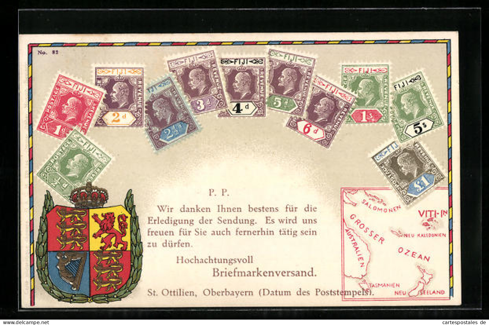AK Briefmarken Von Fiji, Landkarte Und Wappen, Korrespondenz- Und Werbekarte Briefmarkenversand St. Ottilien  - Timbres (représentations)