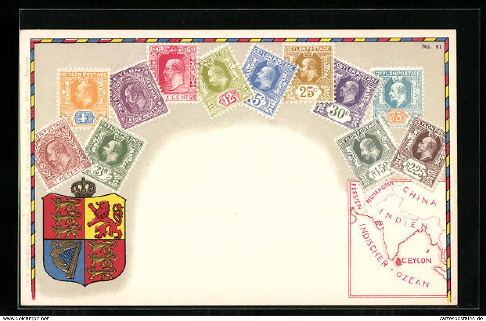 AK Briefmarken Von Ceylon, Landkarte Und Wappen  - Briefmarken (Abbildungen)