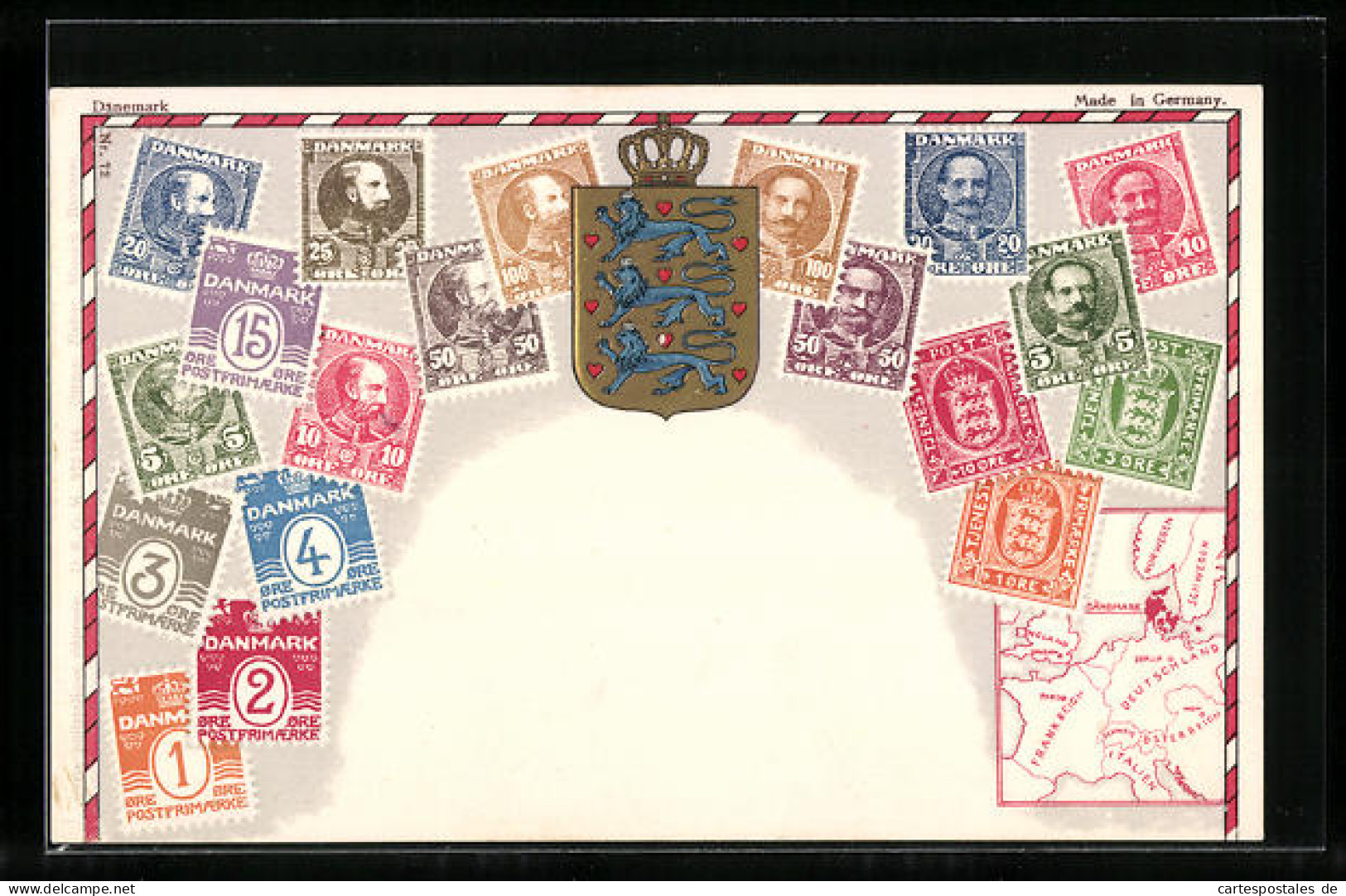 Präge-AK Briefmarken Von Dänemark, Landkarte Und Wappen  - Briefmarken (Abbildungen)