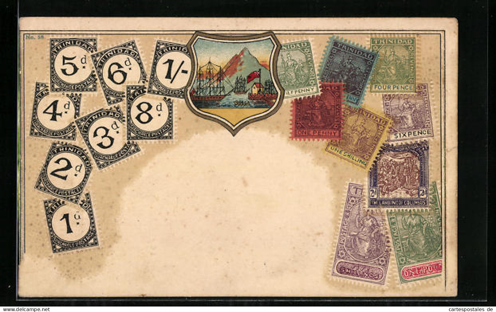 Präge-Lithographie Briefmarken Von Trinidad, Hafenbild Mit Fahne  - Briefmarken (Abbildungen)